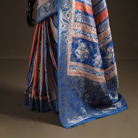 Bagh Indigo Hand Block Print Natural Dyed Dola Silk Zari Work Saree 02