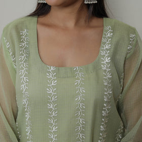 Green - Kota Doria Cotton Embroidery Kurta Suit Set 12