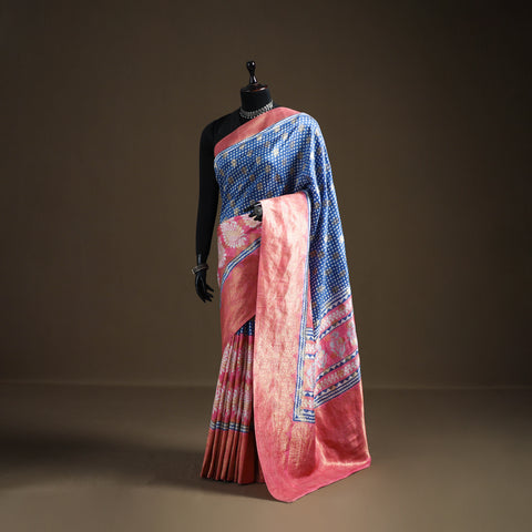 Bagh Indigo Hand Block Print Natural Dyed Dola Silk Zari Work Saree 01