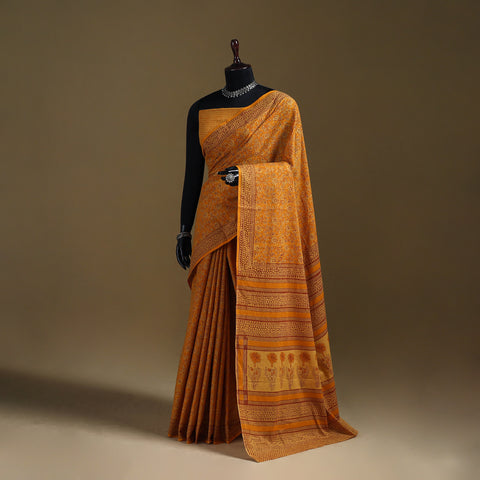 Yellow - Gamthi Hand Block Print Pure Mul Cotton Saree with Blouse Piece 19