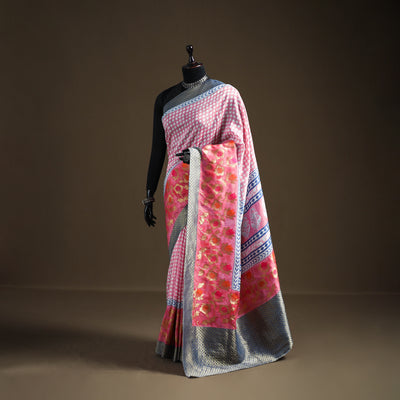 Bagh Indigo Hand Block Print Natural Dyed Dola Silk Zari Work Saree 03