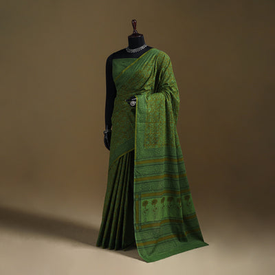 Green - Gamthi Hand Block Print Pure Mul Cotton Saree with Blouse Piece 20