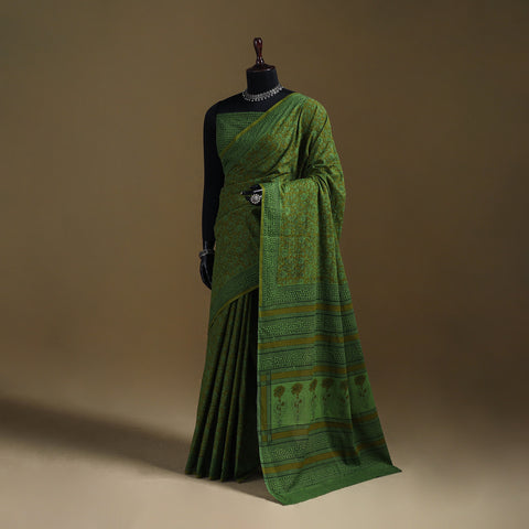 Green - Gamthi Hand Block Print Pure Mul Cotton Saree with Blouse Piece 20