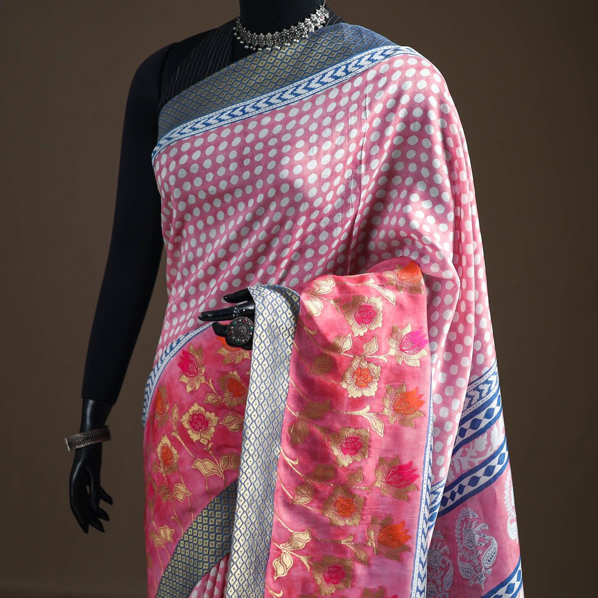 Bagh Indigo Hand Block Print Natural Dyed Dola Silk Zari Work Saree 03