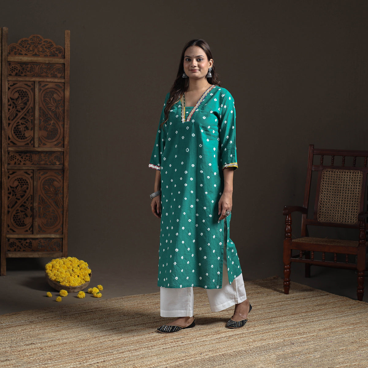 Gota Work Bandhani Tie-Dye Cotton Straight Long Kurta for Women 18