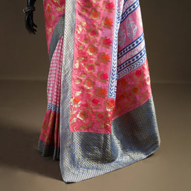 Bagh Indigo Hand Block Print Natural Dyed Dola Silk Zari Work Saree 03