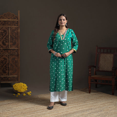 Gota Work Bandhani Tie-Dye Cotton Straight Long Kurta for Women 18