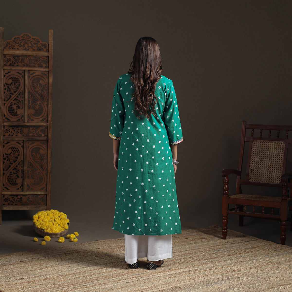 Gota Work Bandhani Tie-Dye Cotton Straight Long Kurta for Women 18