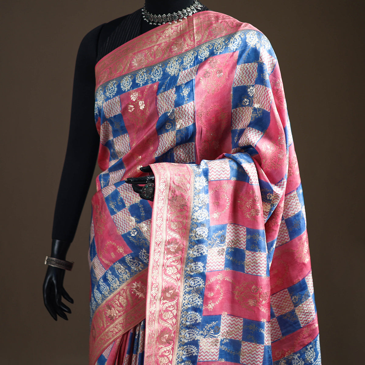 Bagh Indigo Hand Block Print Natural Dyed Dola Silk Zari Work Saree 04