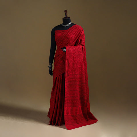 Red - Gamthi Hand Block Print Pure Mul Cotton Saree with Blouse Piece 21