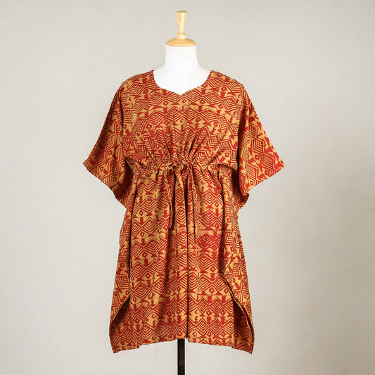Orange - Akola Block Printed Cotton Kaftan with Tie-Up Waist (Medium)