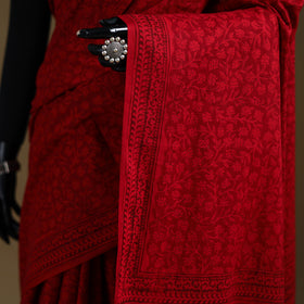 Red - Gamthi Hand Block Print Pure Mul Cotton Saree with Blouse Piece 21