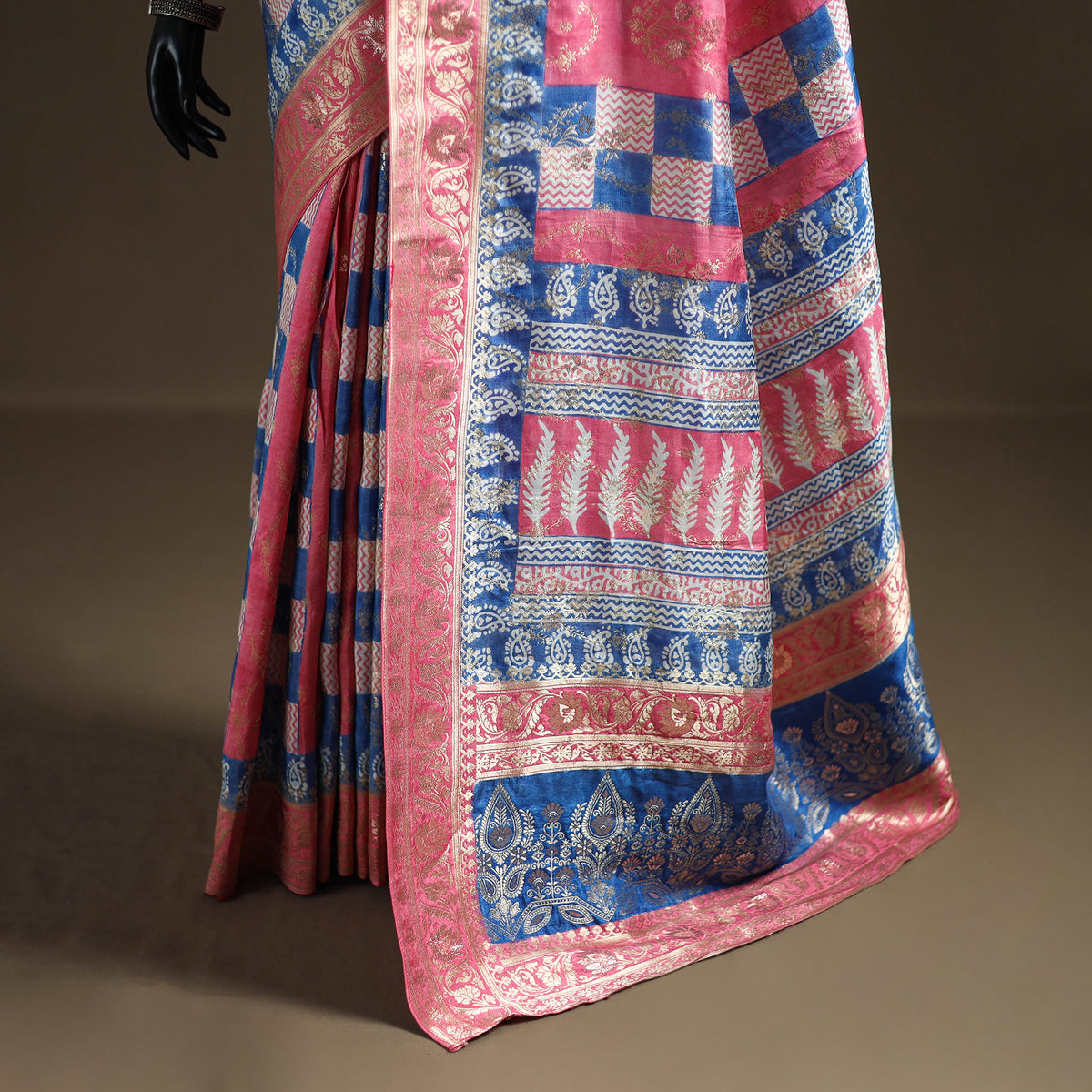Bagh Indigo Hand Block Print Natural Dyed Dola Silk Zari Work Saree 04
