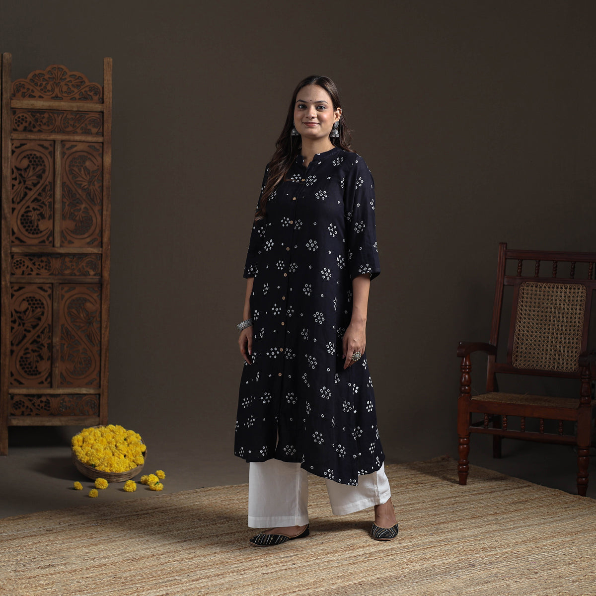 Bandhani Tie-Dye Cotton A-Line Long Kurta for Women 21
