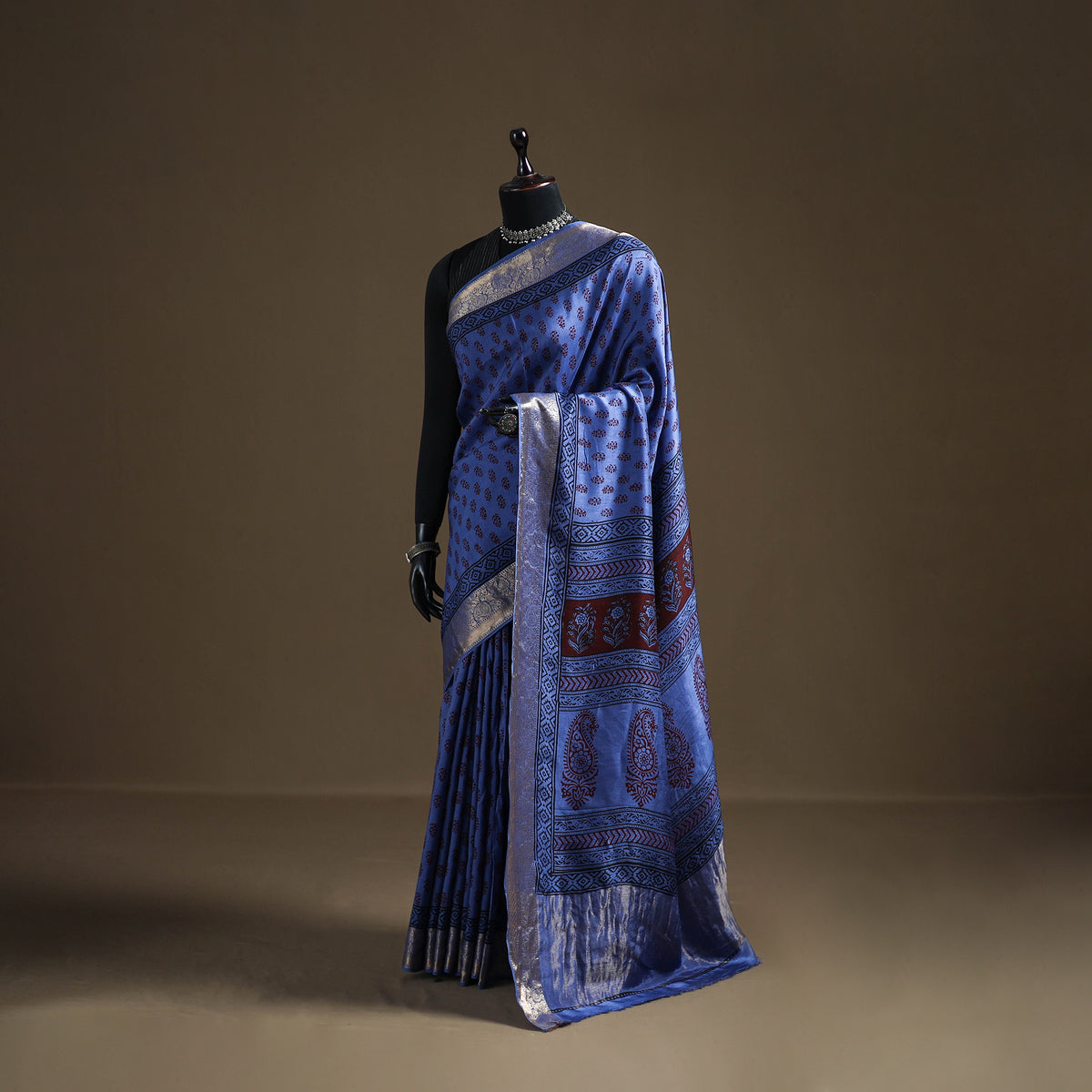 Bagh Hand Block Print Natural Dyed Dola Silk Zari Border Saree 05