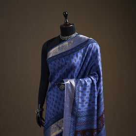 Bagh Hand Block Print Natural Dyed Dola Silk Zari Border Saree 05