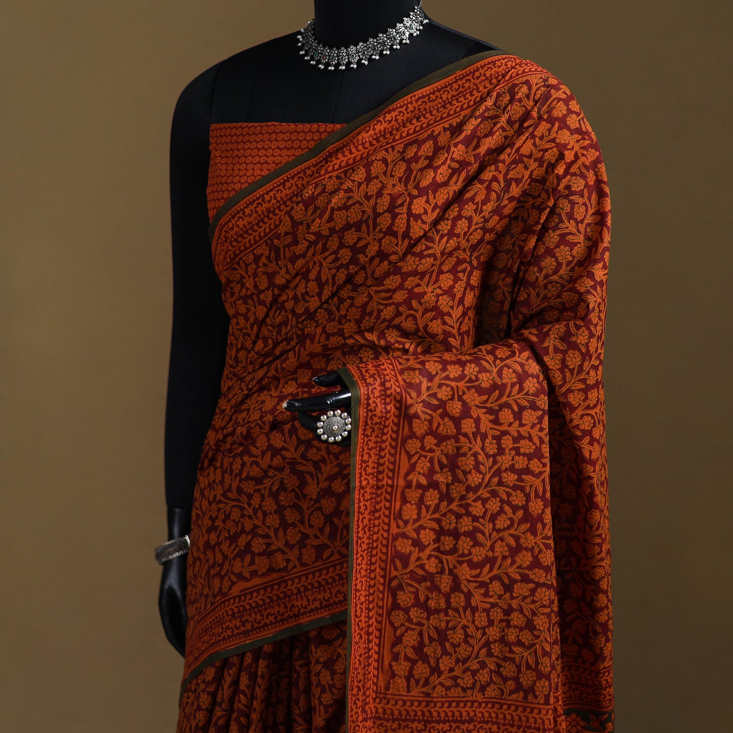 Maroon - Gamthi Hand Block Print Pure Mul Cotton Saree with Blouse Piece 22