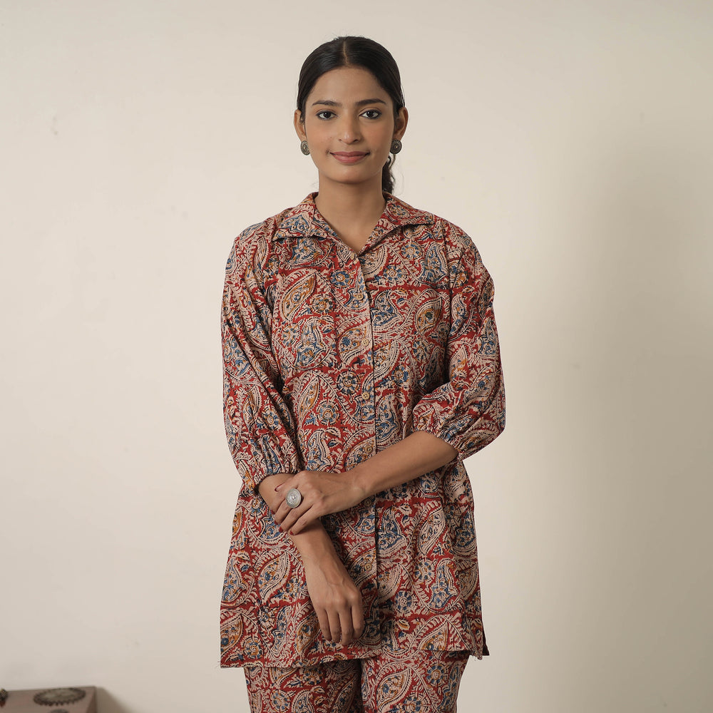 Red - Block Printed Cotton Kalamkari Co-ord Set 08