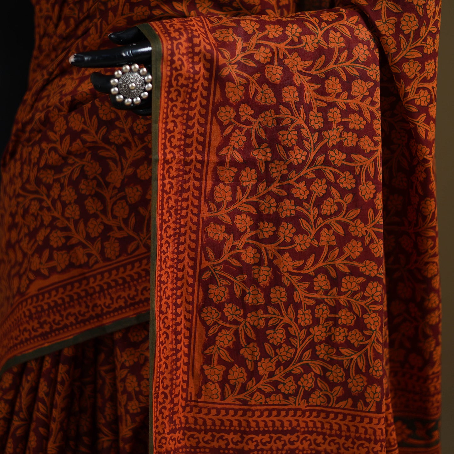 Maroon - Gamthi Hand Block Print Pure Mul Cotton Saree with Blouse Piece 22