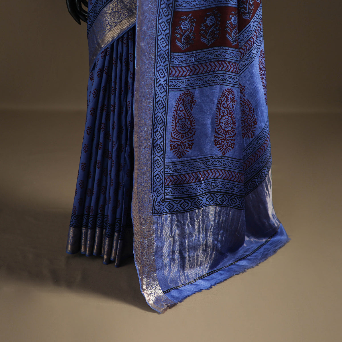 Bagh Hand Block Print Natural Dyed Dola Silk Zari Border Saree 05