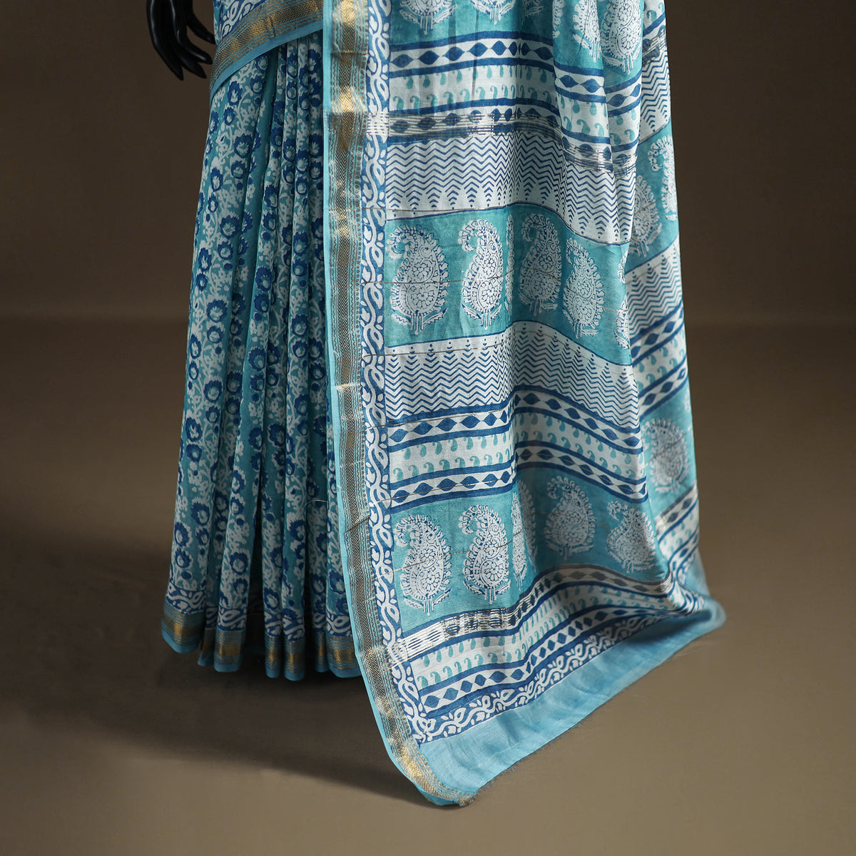Bagh Hand Block Print Natural Dyed Maheshwari Silk Zari Border Saree 06