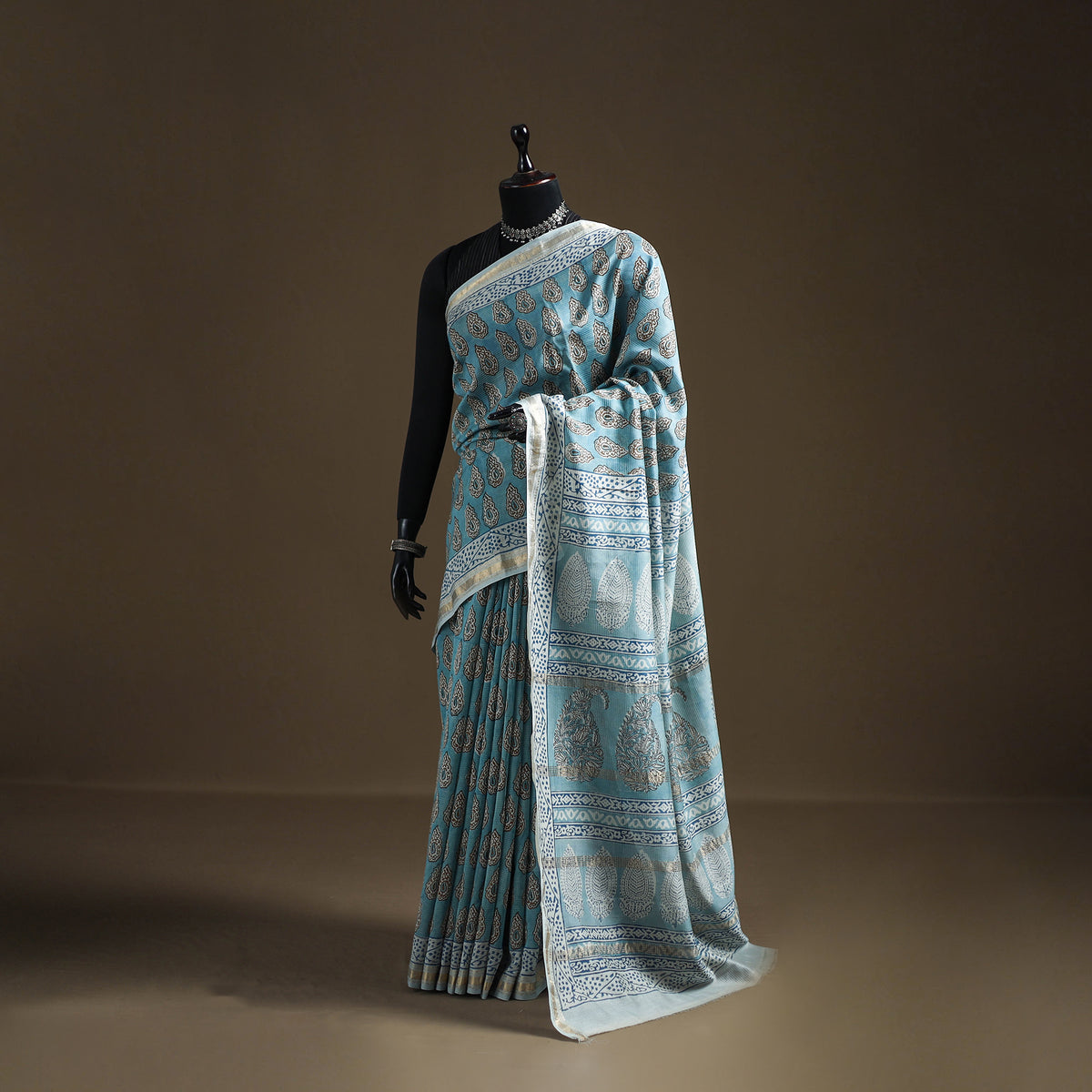 Bagh Hand Block Print Natural Dyed Maheshwari Silk Zari Border Saree 07