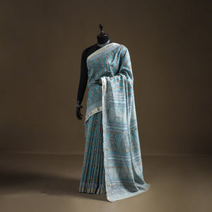Bagh Hand Block Print Natural Dyed Maheshwari Silk Zari Border Saree 07