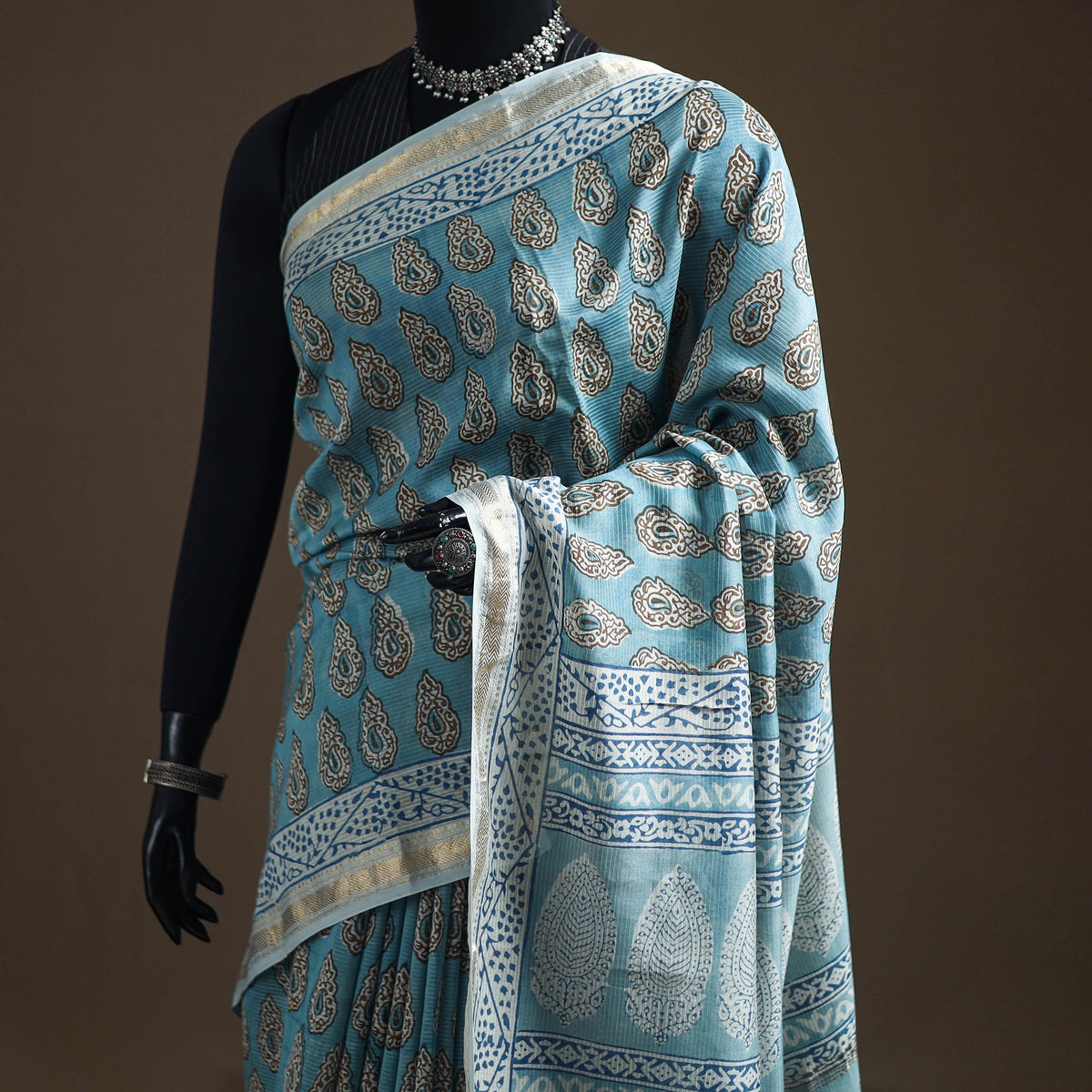 Bagh Hand Block Print Natural Dyed Maheshwari Silk Zari Border Saree 07
