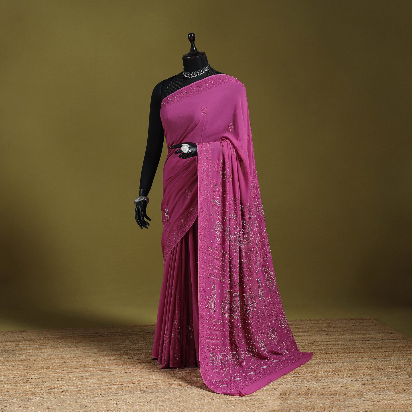 Pink - mukaish hand embroidered georgette heavy beadwork