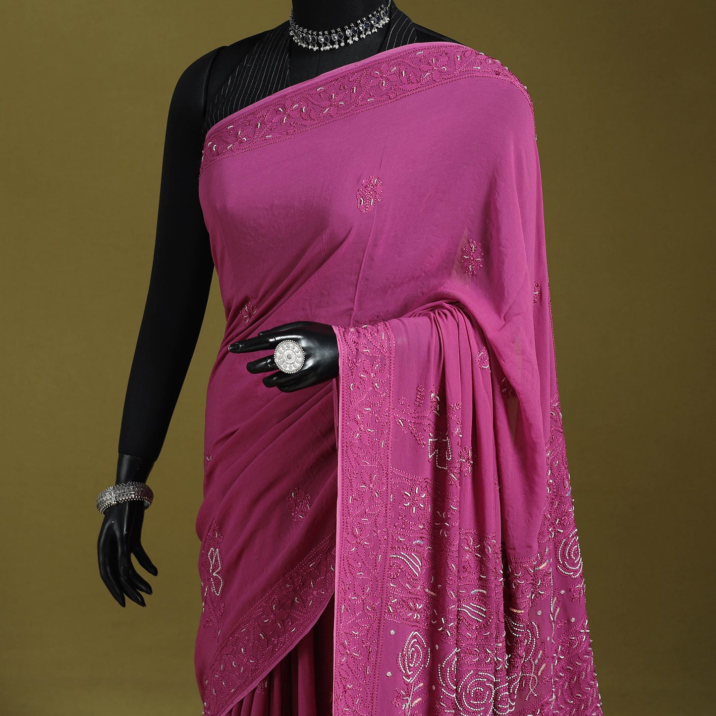 Pink - mukaish hand embroidered georgette heavy beadwork