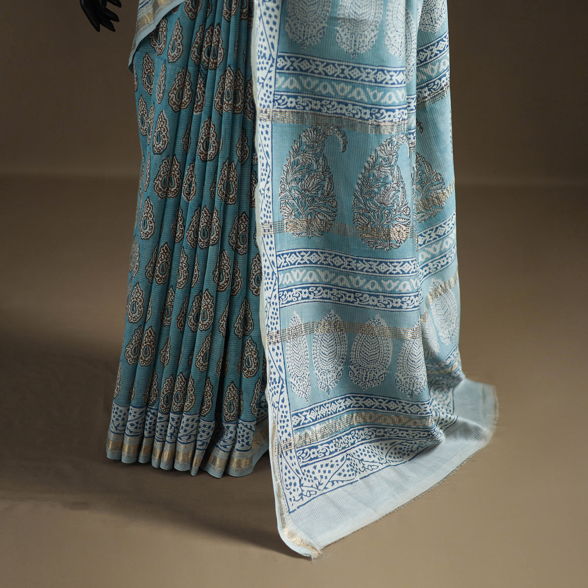 Bagh Hand Block Print Natural Dyed Maheshwari Silk Zari Border Saree 07