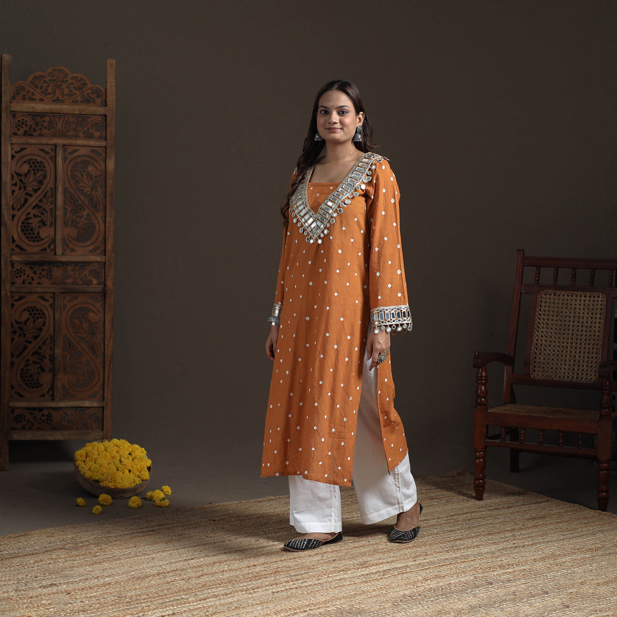 Gota Mirror Work Bandhani Tie-Dye Cotton Straight Long Kurta for Women 11