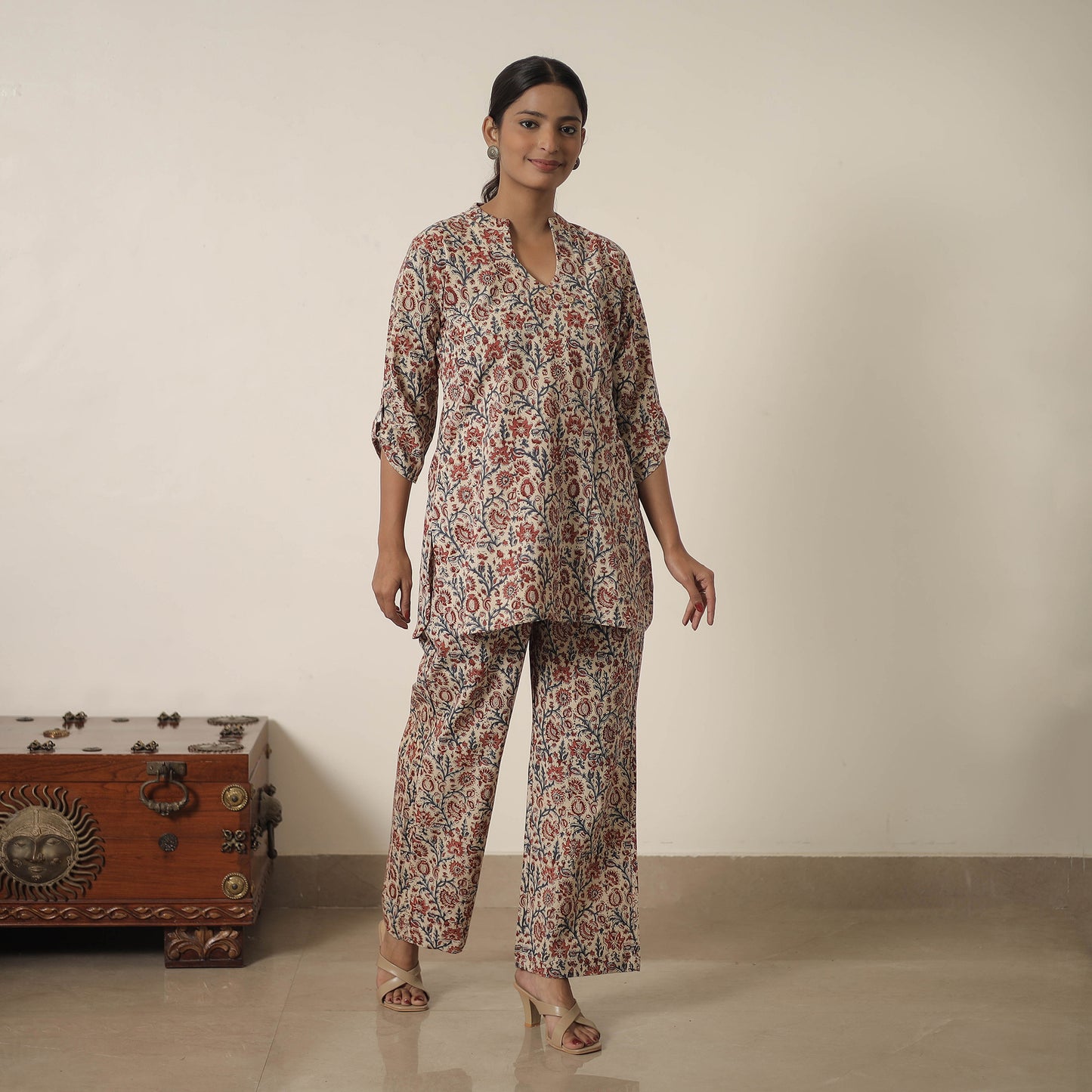 Beige - Block Printed Cotton Kalamkari Co-ord Set 13