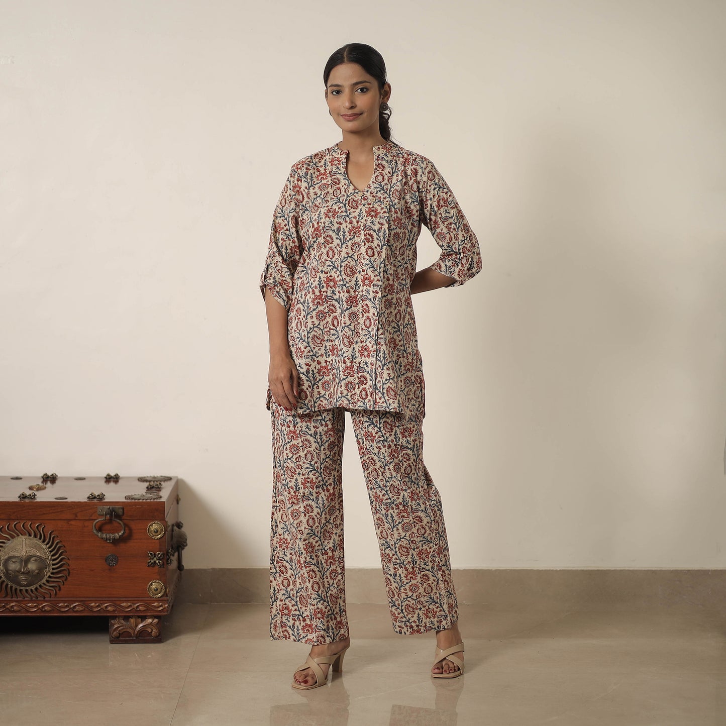 Beige - Block Printed Cotton Kalamkari Co-ord Set 13