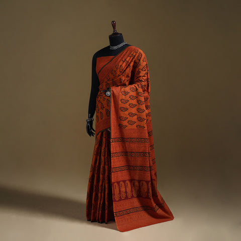 Orange - Gamthi Hand Block Print Pure Mul Cotton Saree with Blouse Piece 25