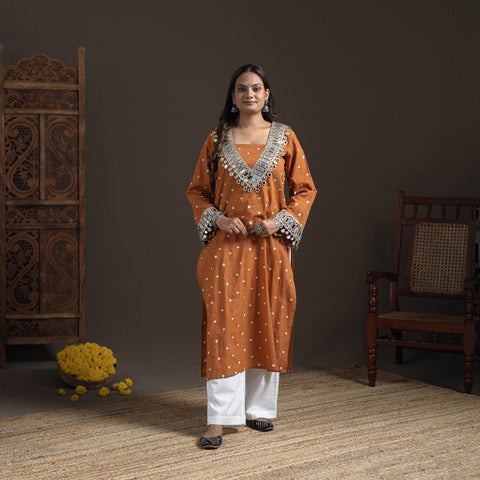 Gota Mirror Work Bandhani Tie-Dye Cotton Straight Long Kurta for Women 11