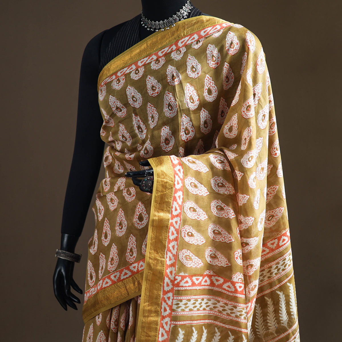 Bagh Hand Block Print Natural Dyed Maheshwari Silk Zari Border Saree 08
