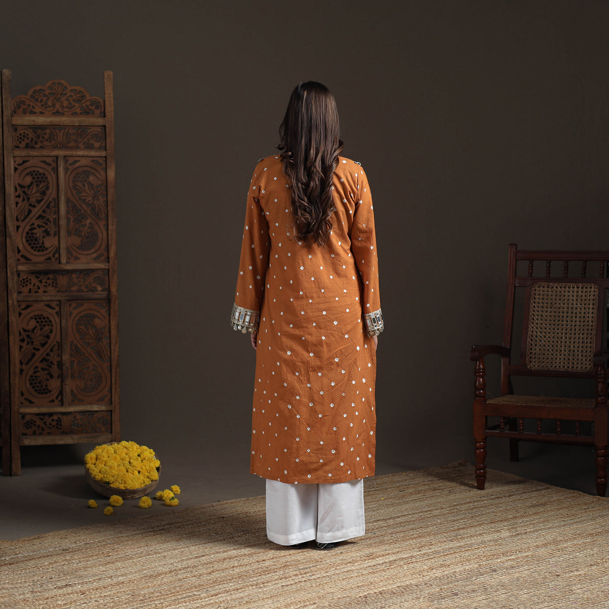 Gota Mirror Work Bandhani Tie-Dye Cotton Straight Long Kurta for Women 11