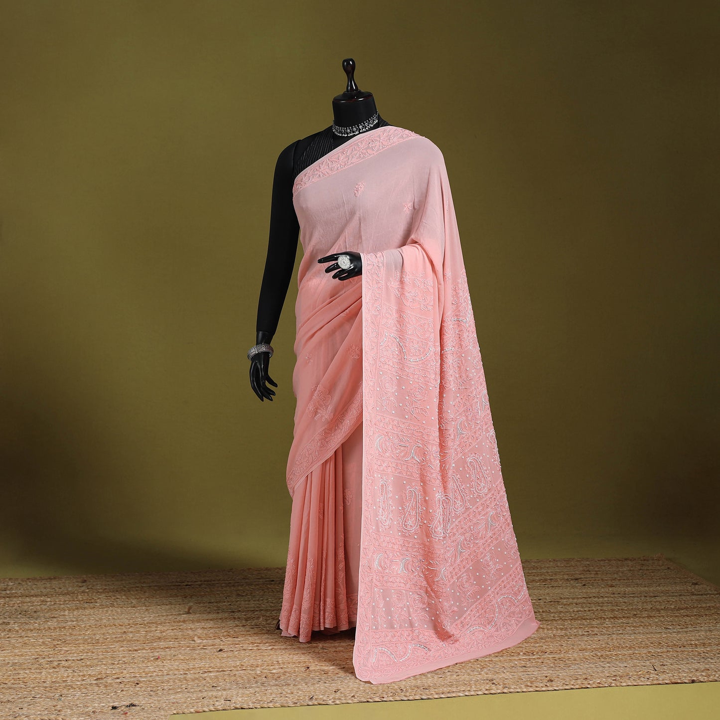 Pink - mukaish hand embroidered georgette heavy beadwork