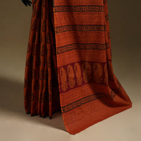 Orange - Gamthi Hand Block Print Pure Mul Cotton Saree with Blouse Piece 25