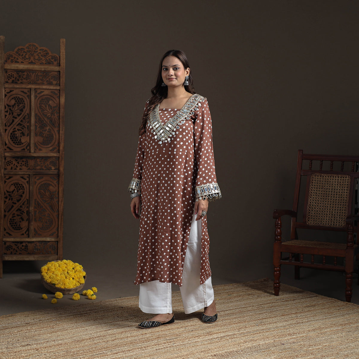 Gota Mirror Work Bandhani Tie-Dye Cotton Straight Long Kurta for Women 08