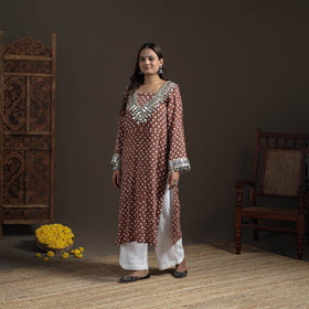 Gota Mirror Work Bandhani Tie-Dye Cotton Straight Long Kurta for Women 08