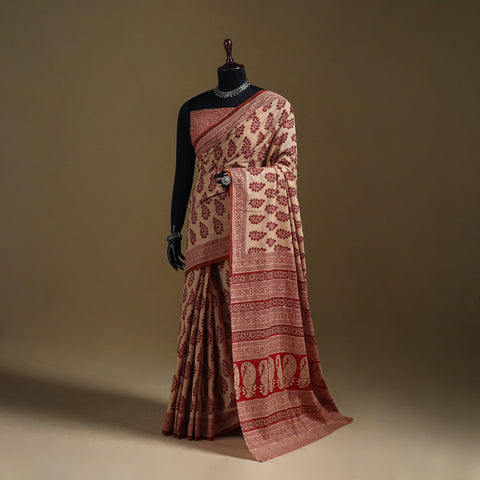 Beige - Gamthi Hand Block Print Pure Mul Cotton Saree with Blouse Piece 26