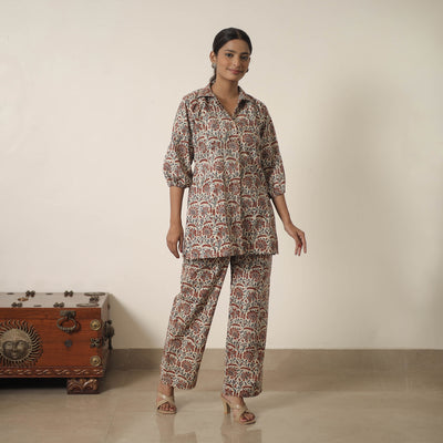 Beige - Block Printed Cotton Kalamkari Co-ord Set 07