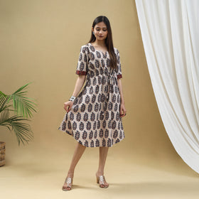 Buy Block Print Cotton Beige Flared Short Ajrakh Dress