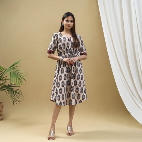 Buy Block Print Cotton Beige Flared Short Ajrakh Dress
