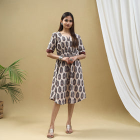 Buy Block Print Cotton Beige Flared Short Ajrakh Dress