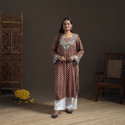 Gota Mirror Work Bandhani Tie-Dye Cotton Straight Long Kurta for Women 08