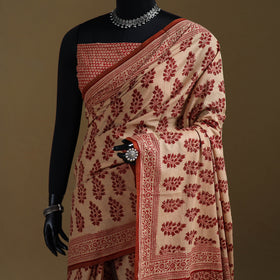 Beige - Gamthi Hand Block Print Pure Mul Cotton Saree with Blouse Piece 26