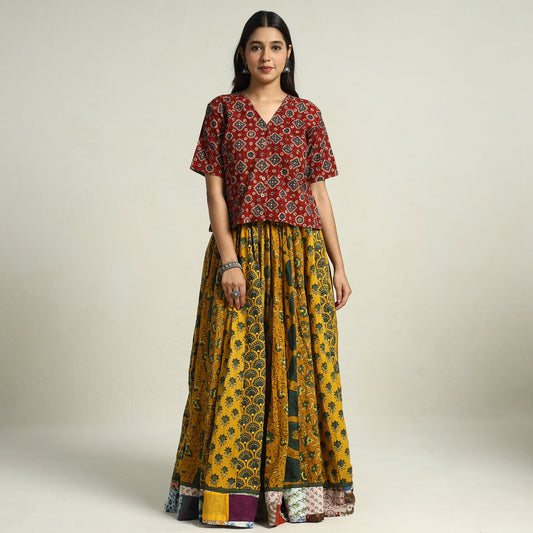 Yellow - Ajrakh Block Printed 24 Kali Patchwork Cotton Long Skirt 01